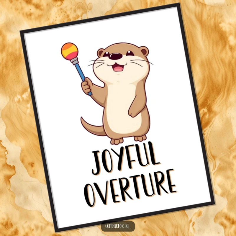 Funny happy otter gleefully waving a colorful baton, as a digital art print. Great for music decor.