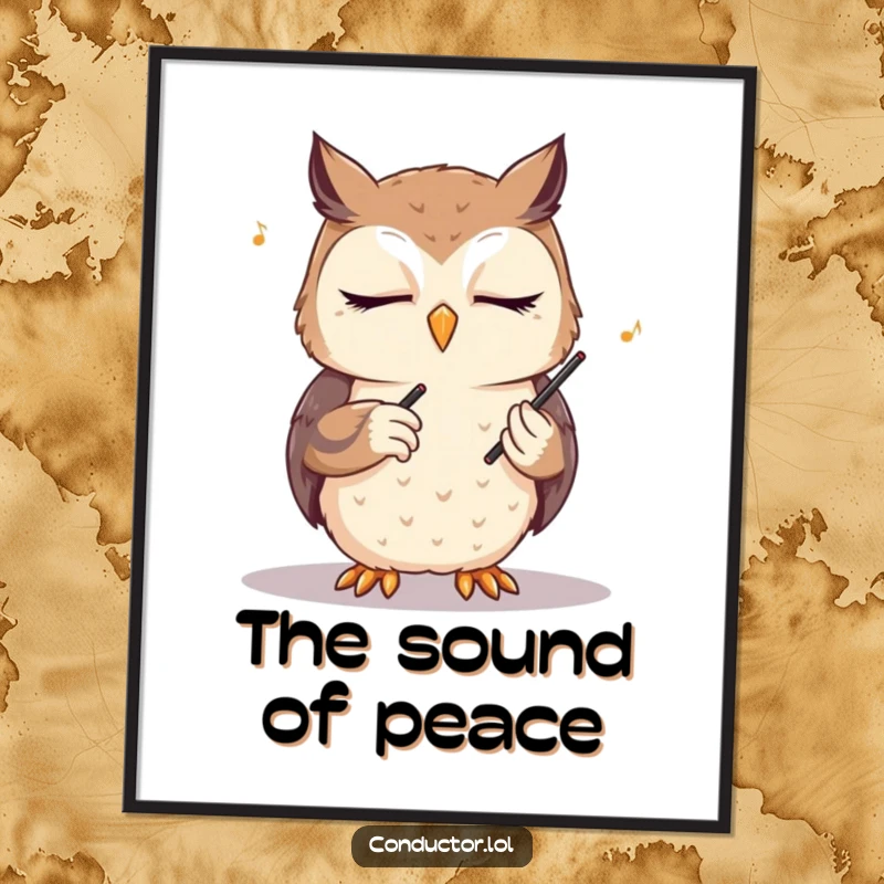 Funny owl conductor digital art print, eyes closed, conducting an unseen orchestra, capturing a moment of peaceful musical direction with wise, humorous appeal.