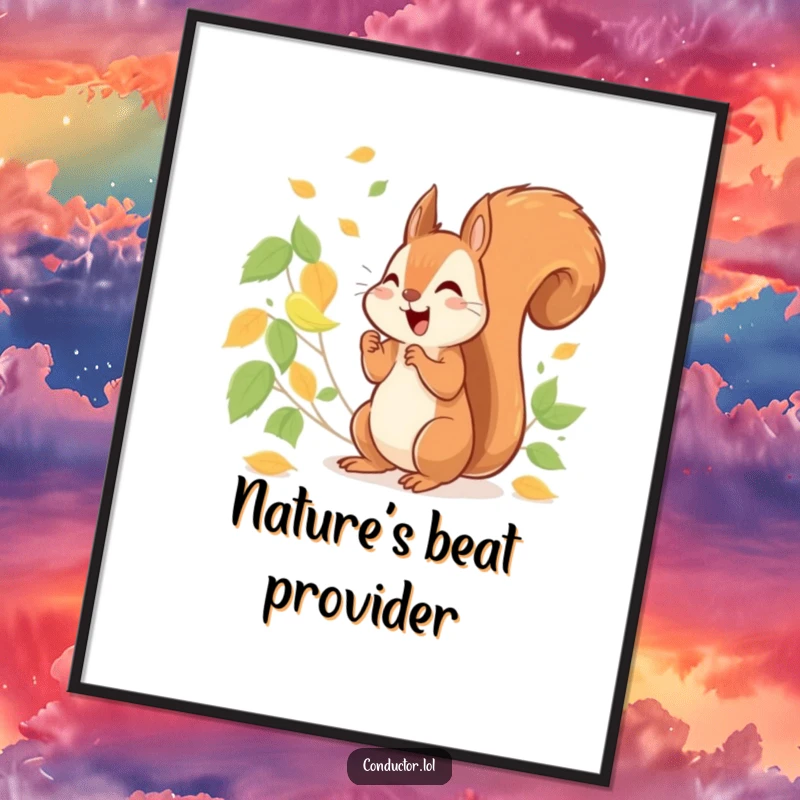 Funny cheerful squirrel energetically conducting a symphony of rustling leaves, as a digital art print.