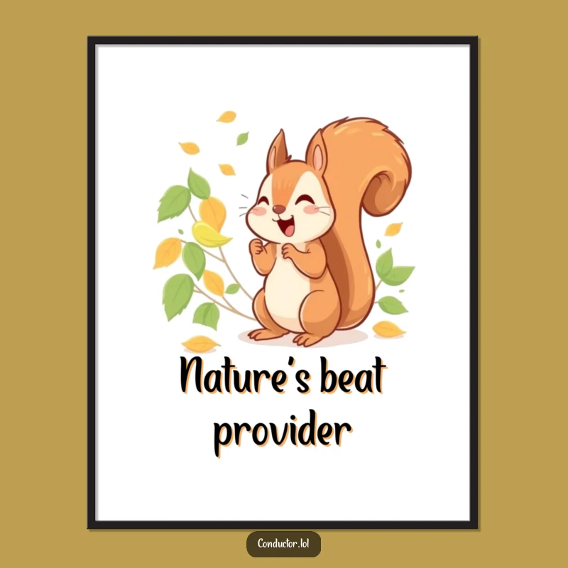 Funny Squirrel Conducting Leaves Digital Art: Nature Download, Cheerful Decor