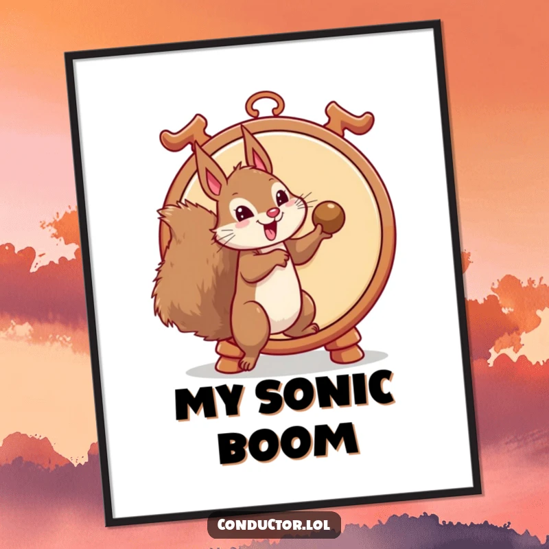 Funny digital art print of a mischievous squirrel about to strike a gong, capturing a moment of hilarious action and wild energy, a great funny gift.
