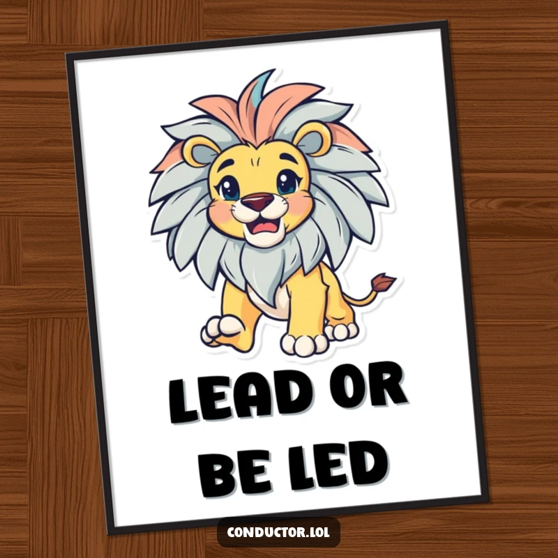 Funny bold lion with a magnificent mane, leading with gusto, as a digital art print download.