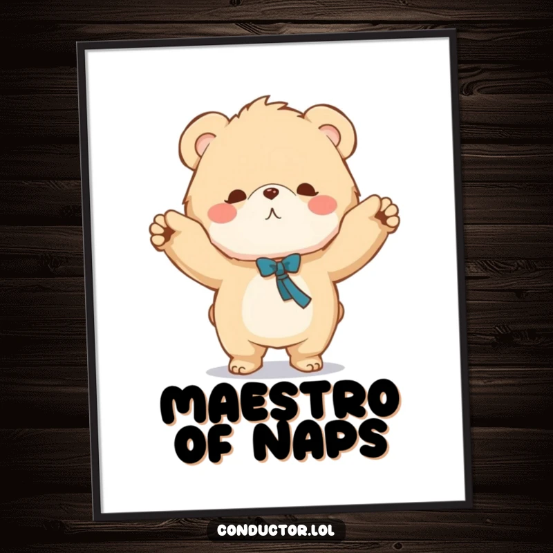 Funny digital art print of a fluffy bear conductor sweeping arms, offering instant musical humor and decor.