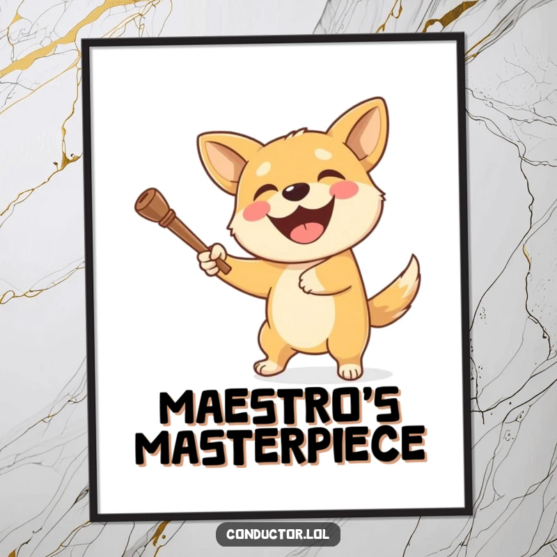 Funny dog digital art print of a delighted dog enthusiastically swinging a baton with an ecstatic, wide grin.