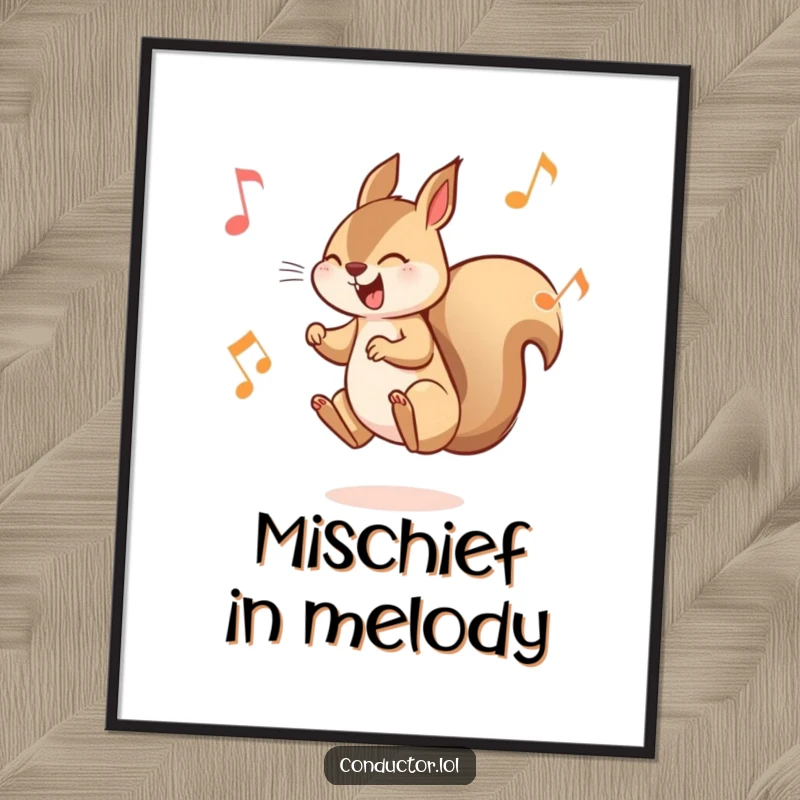 Funny Squirrel Musician Digital Art Print: A high-resolution image of a squirrel leaping between musical notes with mischievous delight.