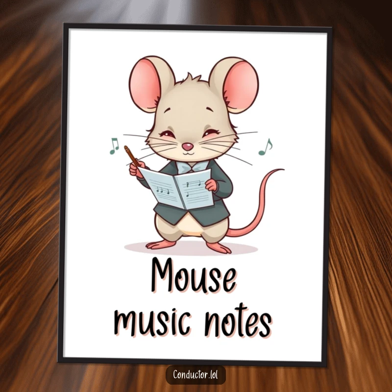 Funny digital art print of a curious mouse conductor peering at a musical score with intense concentration, vibrant musical decor.