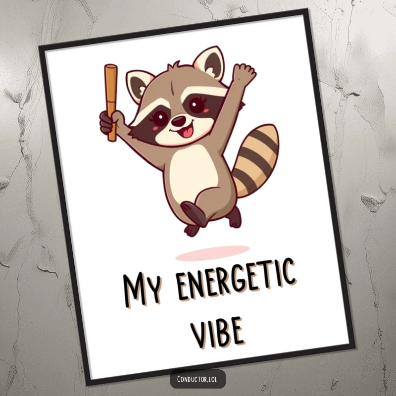 Funny raccoon conductor digital art print, enthusiastically leaping with a baton, capturing a moment of pure energetic musical direction and playful spirit.