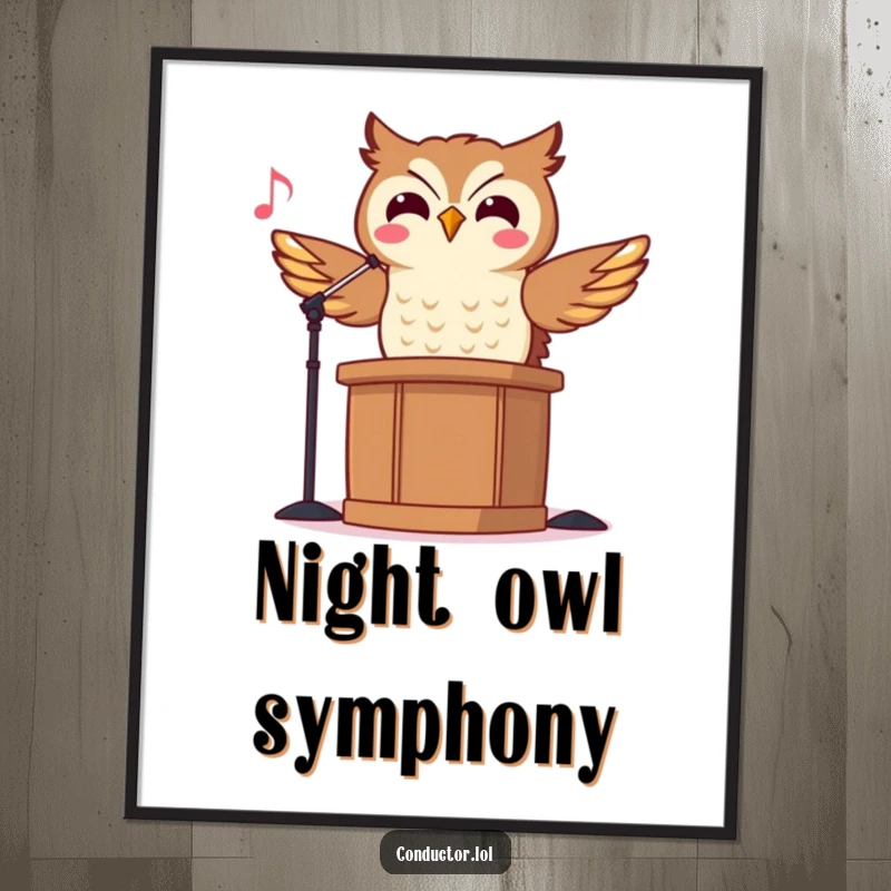 Funny Owl Conductor Digital Art Print: A cheerful owl conducting music with rhythmic head bobbing, adding wise humor to decor.