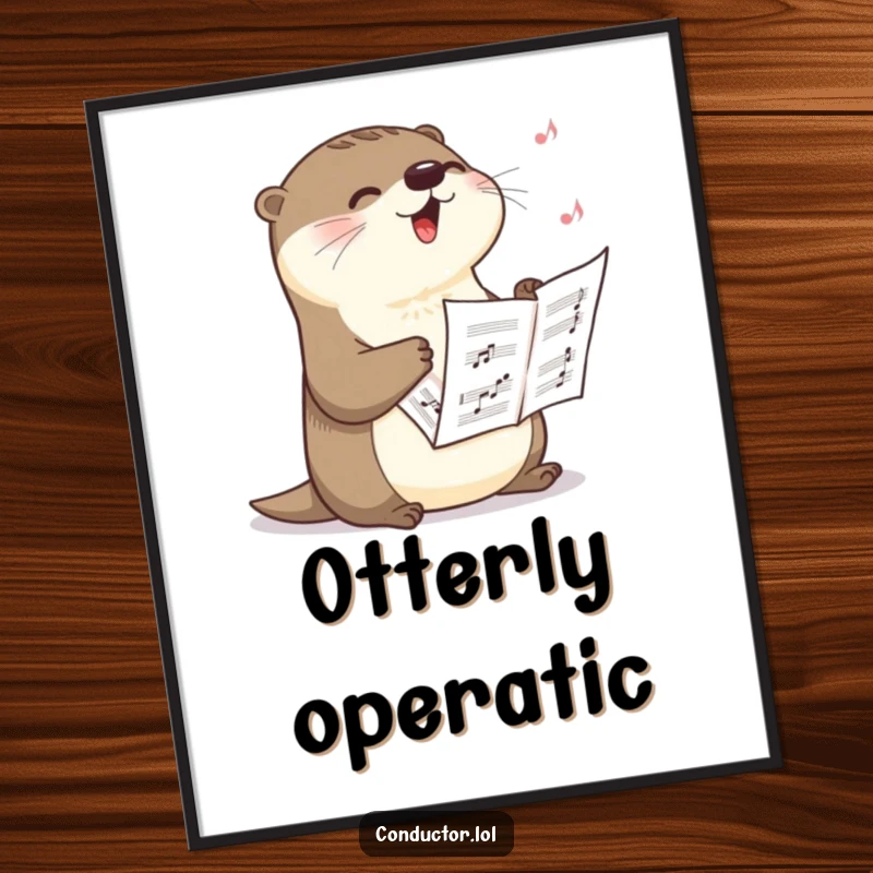 Funny digital art print of a happy otter singing a dramatic crescendo with sheet music, capturing a moment of musical passion, a great funny gift.