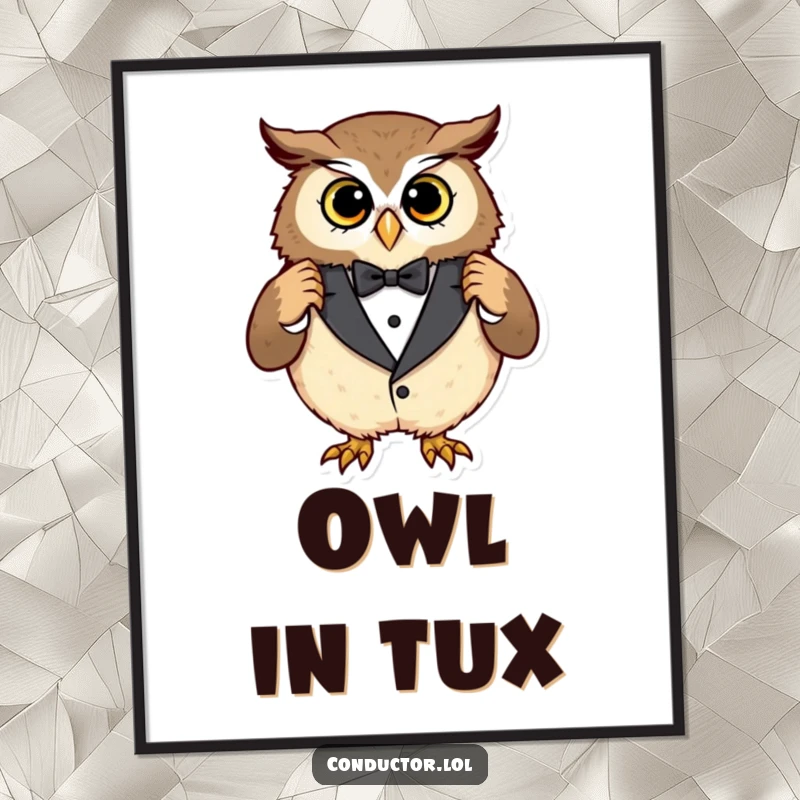 Funny owl tuxedo digital art, a curious owl adjusting an oversized tuxedo with a pleased expression, ideal for instant humorous wall decor.