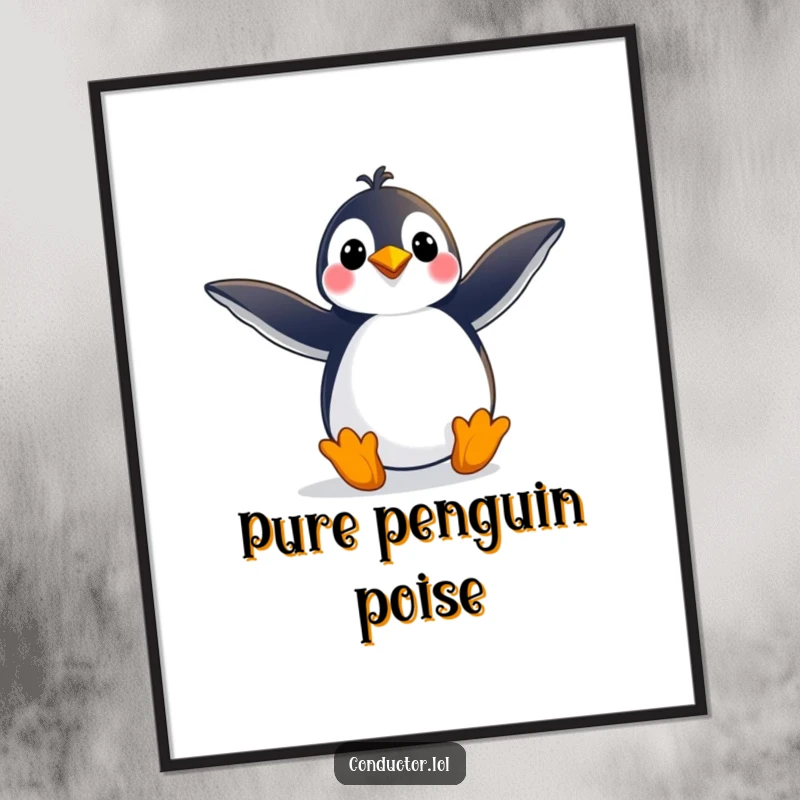 Funny digital art print of a playful penguin striking a grand pose with arms outstretched, capturing a moment of dramatic expression, a great funny gift.