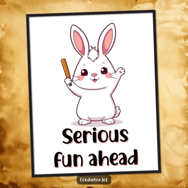Funny digital art print of a playful rabbit with a stern but kind expression, raising its baton, perfect for elegant decor.