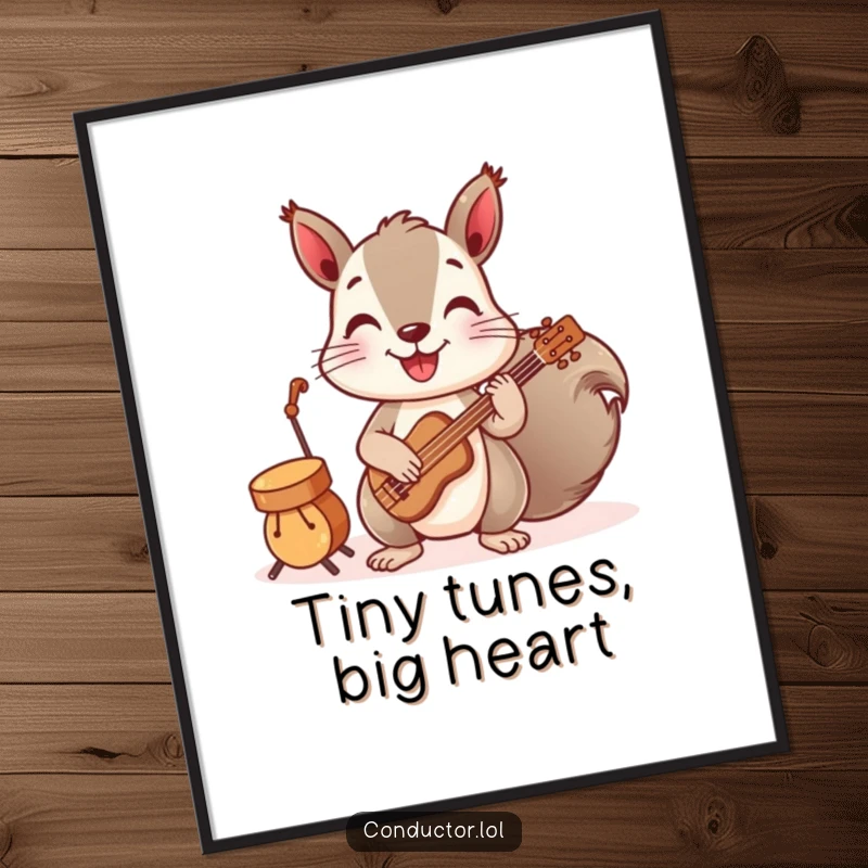 Funny digital art print of a playful squirrel conducting a band of tiny instruments, creating a whimsical and cheerful musical scene.