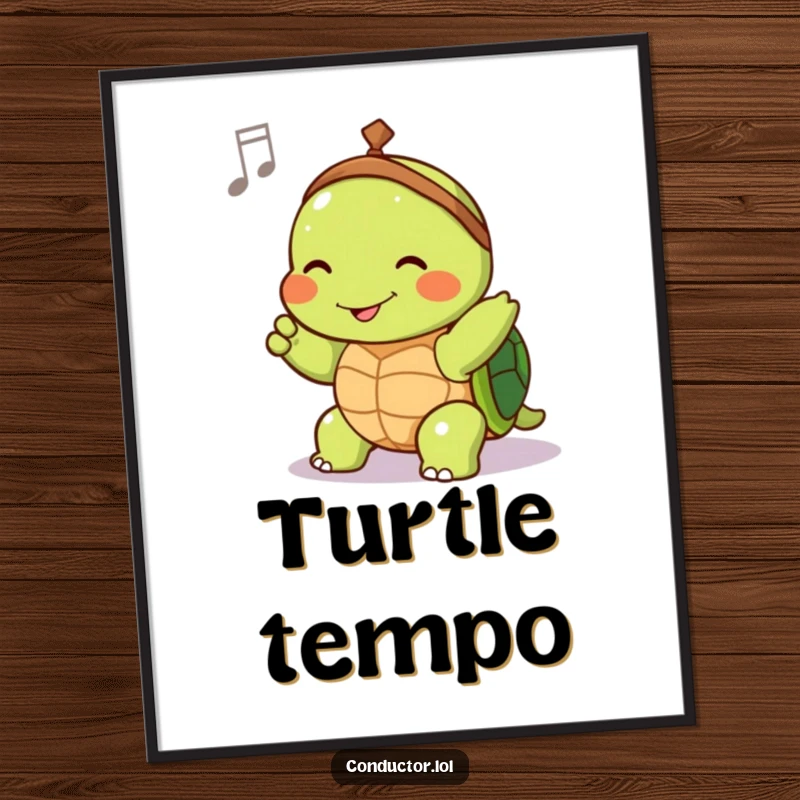 Funny digital art print of a joyful turtle conductor slowly guiding tempo with a contented smile, vibrant musical decor.