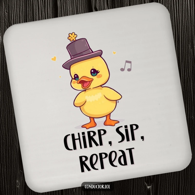 Funny Duckling Rhythm Drink Coaster: a duckling in a top hat chirps a lively rhythm, humorous accessory.
