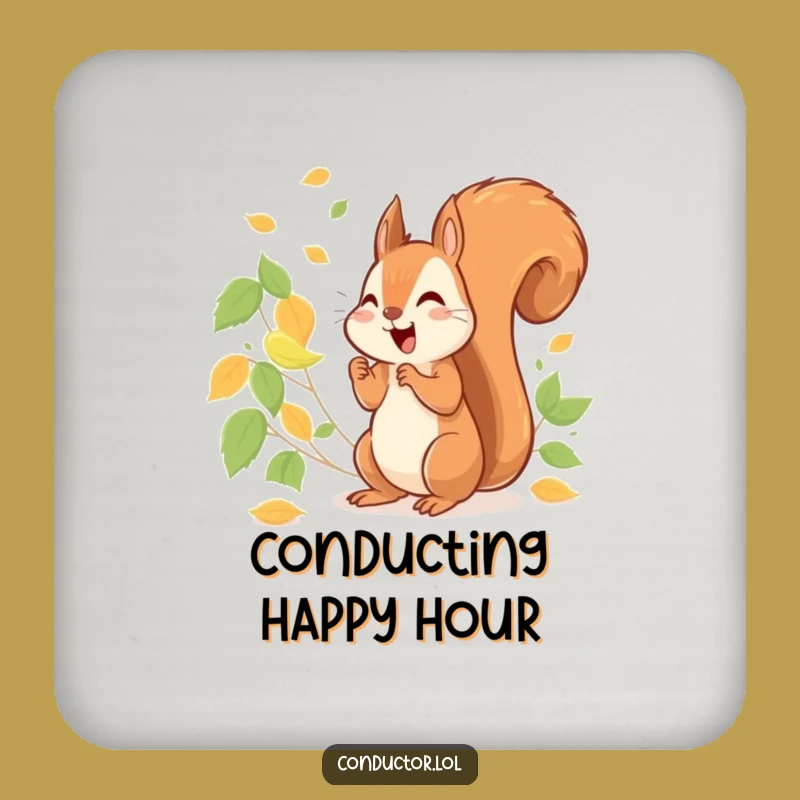 Funny Squirrel Conducting Leaves Coaster Set: Nature Protection, Cheerful Gift