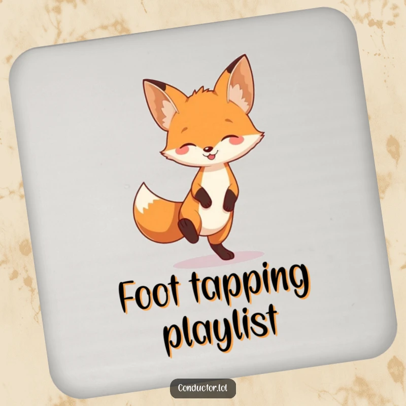 Funny fox tapping its foot to unheard music, full of playful energy, on drink coasters to protect tables.