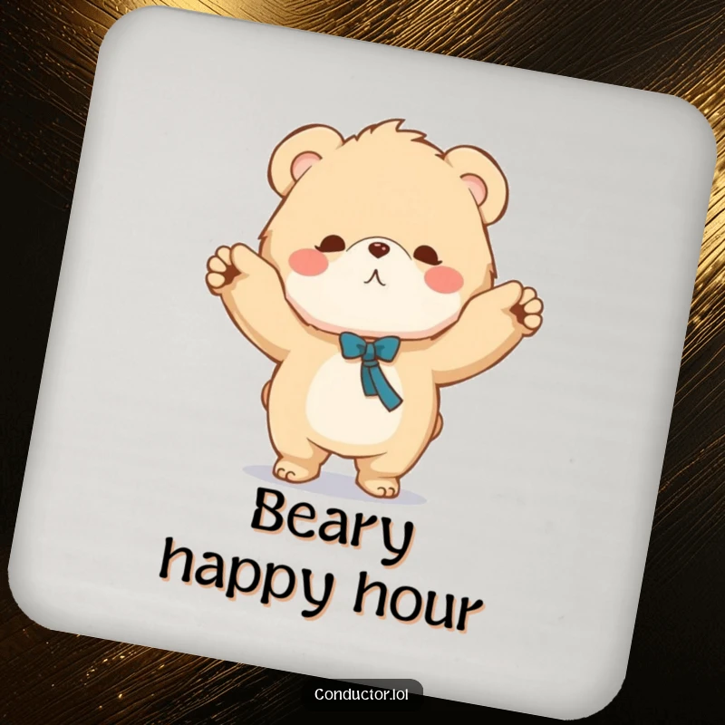 Funny drink coaster featuring a fluffy bear conductor sweeping arms, protecting surfaces with musical humor.
