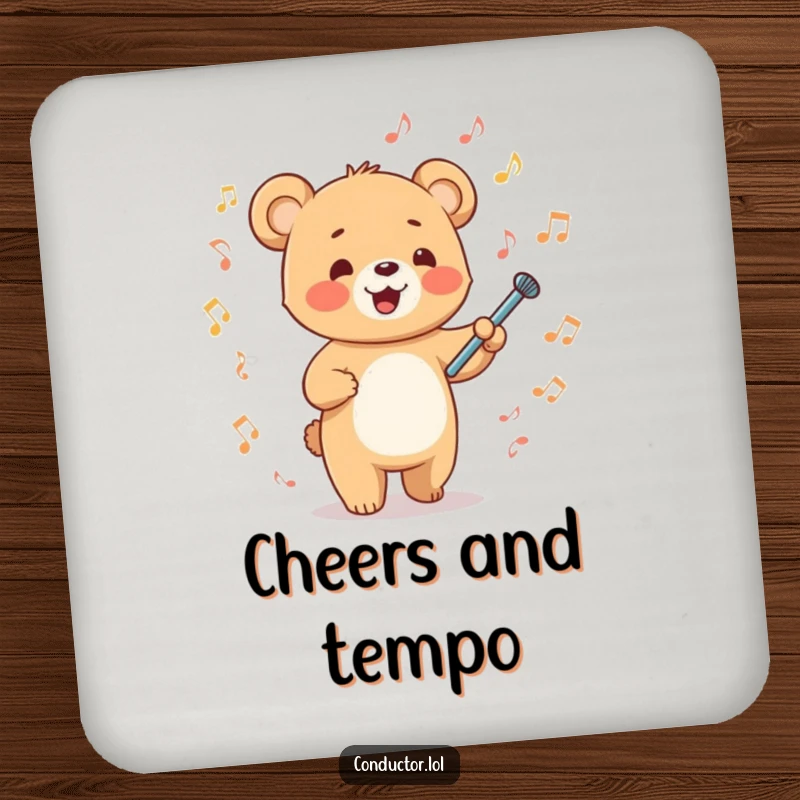 Funny happy cartoon bear cub energetically waving a tiny baton surrounded by musical notes on a drink coaster, energetic musical accent.