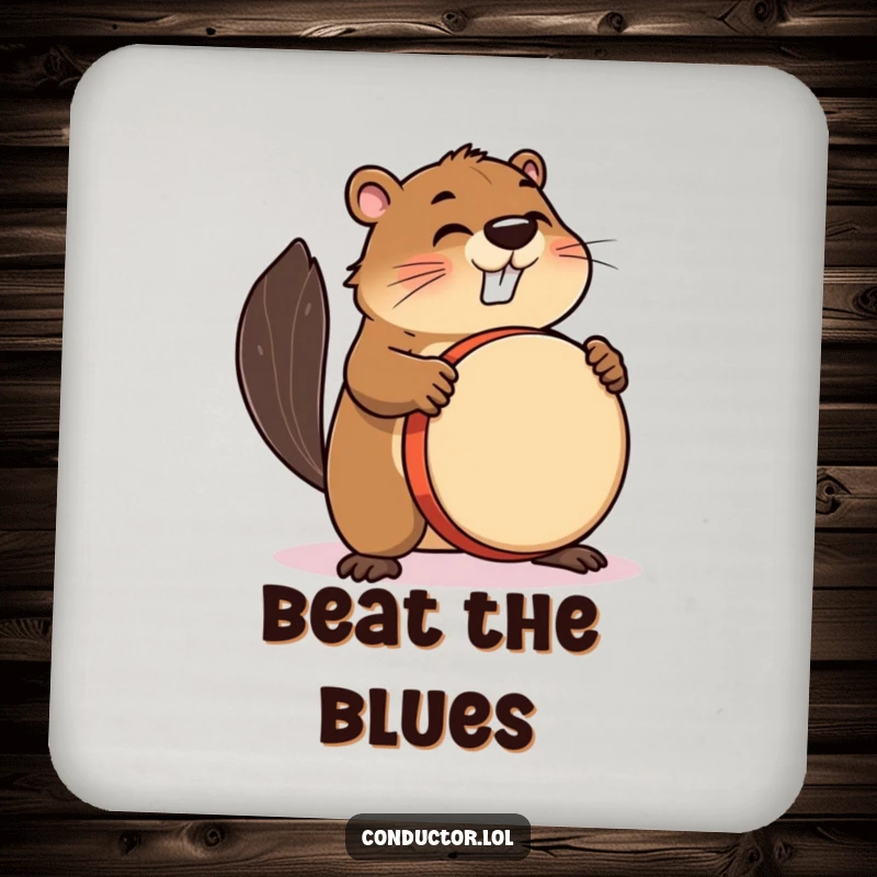 Funny drink coaster featuring a busy beaver enthusiastically drumming, protecting surfaces with musical flair.