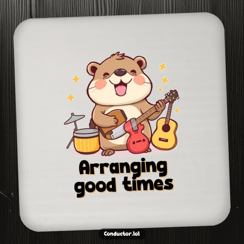 Funny beaming beaver cheerfully organizing musical instruments, depicted on a drink coaster.
