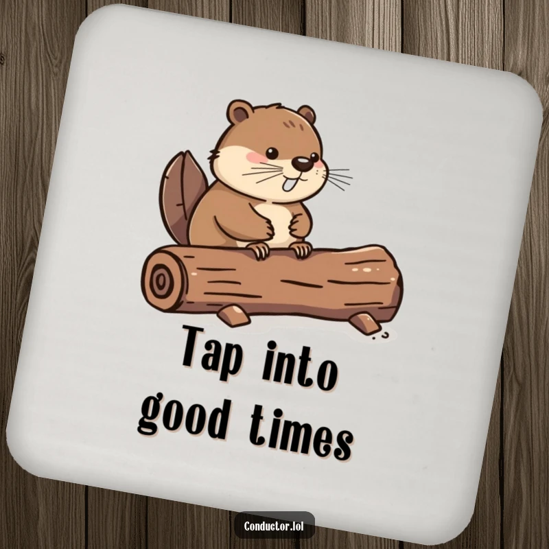 Funny coaster set featuring a determined beaver tapping its tail on a log, providing humorous protection with rhythmic charm, an excellent funny gift.