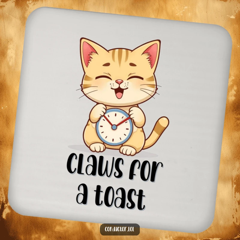 Funny drink coaster featuring a giggling cat tapping a metronome with intense focus, adding musical charm.