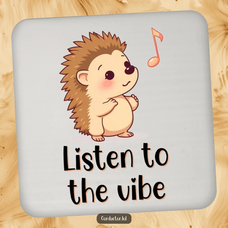 Funny Coaster: A curious cartoon hedgehog intently listening to a prominent musical cue, adding whimsical protection to surfaces.