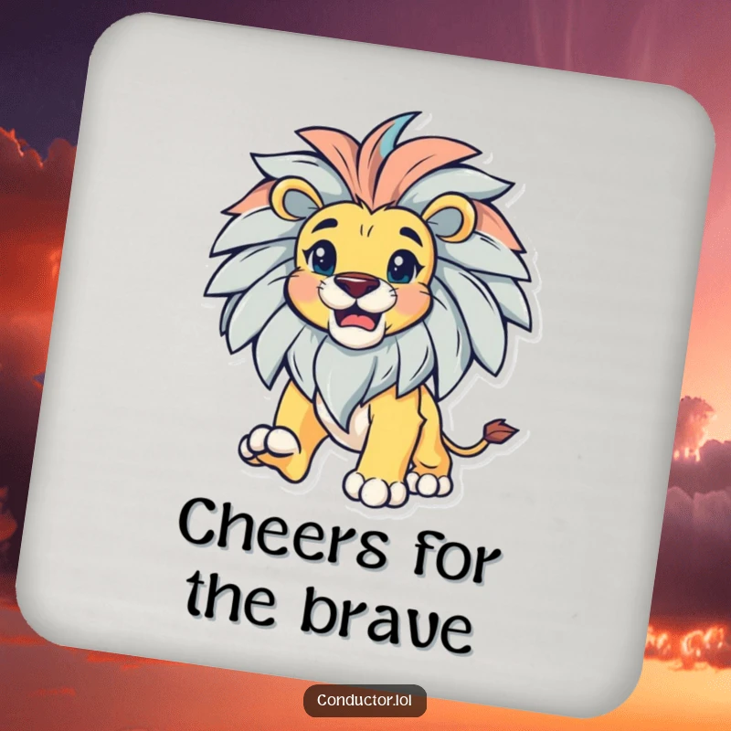 Funny bold lion with a magnificent mane, leading with gusto, on drink coasters for table protection.