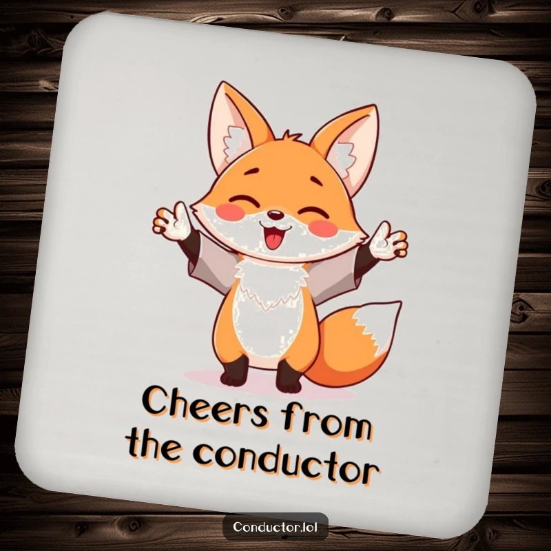 Funny drink coaster with a happy fox enthusiastically waving its arms like a maestro, adding a lively touch.