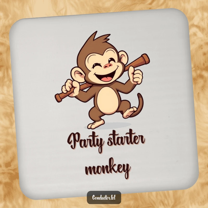 Funny monkey conductor coaster, protecting furniture with a grinning monkey swinging. A cute, funny gift.