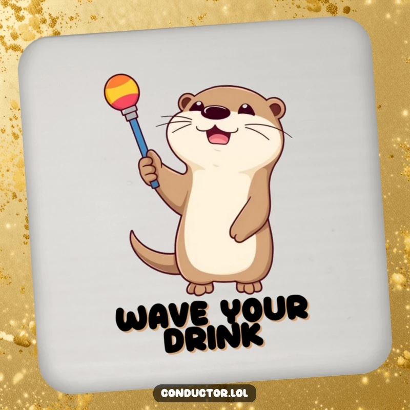 Funny otter gleefully waving a colorful baton on a set of drink coasters. Ideal for protecting furniture.