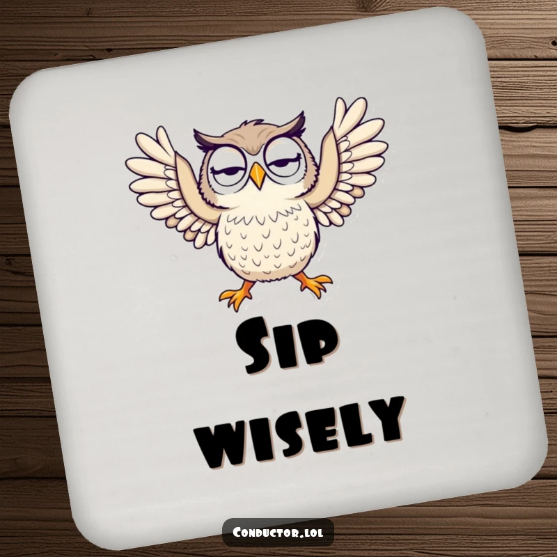 Funny drink coaster showcasing a curious owl dramatically opening its arms, protecting surfaces with humor.
