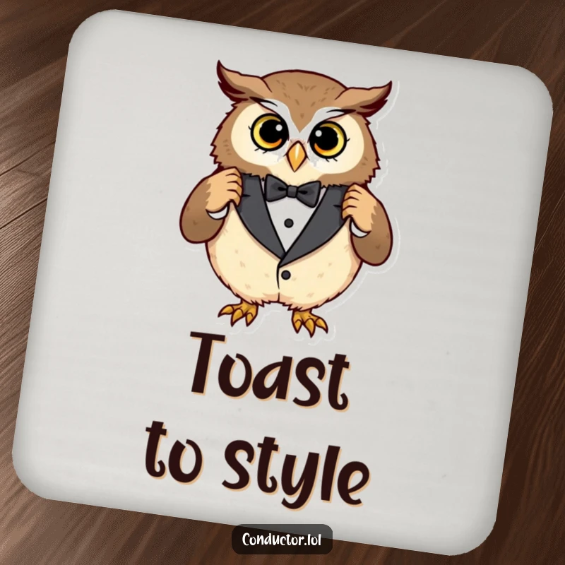 Funny owl tuxedo coasters, a curious owl adjusting an oversized tuxedo with a pleased expression, protecting surfaces with dapper humor.