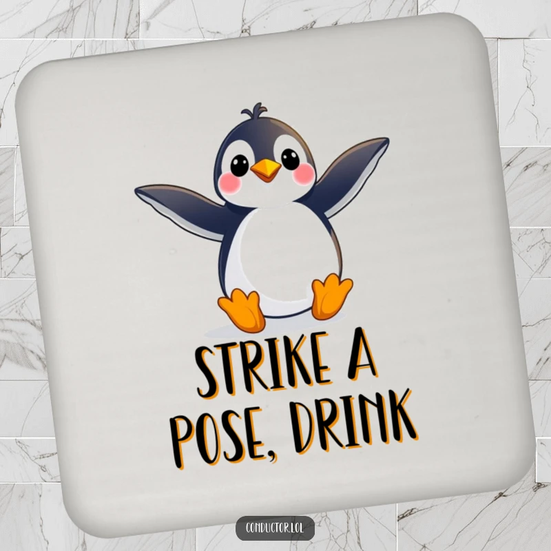 Funny coaster set featuring a playful penguin striking a grand pose with arms outstretched, providing humorous protection with dramatic flair, an excellent funny gift.