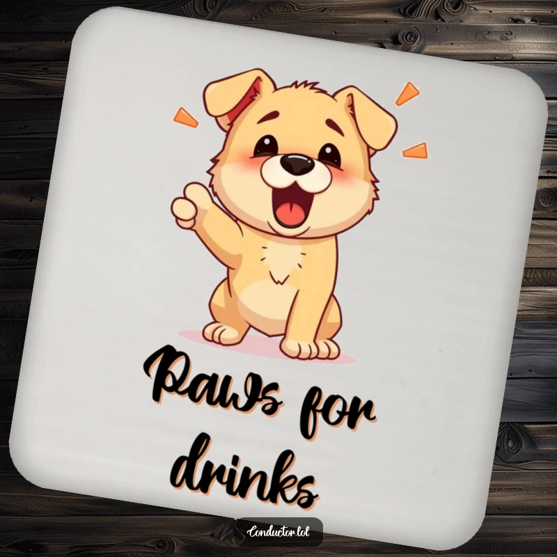 Funny drink coaster featuring a determined puppy barking energetic commands, protecting surfaces with playful humor.