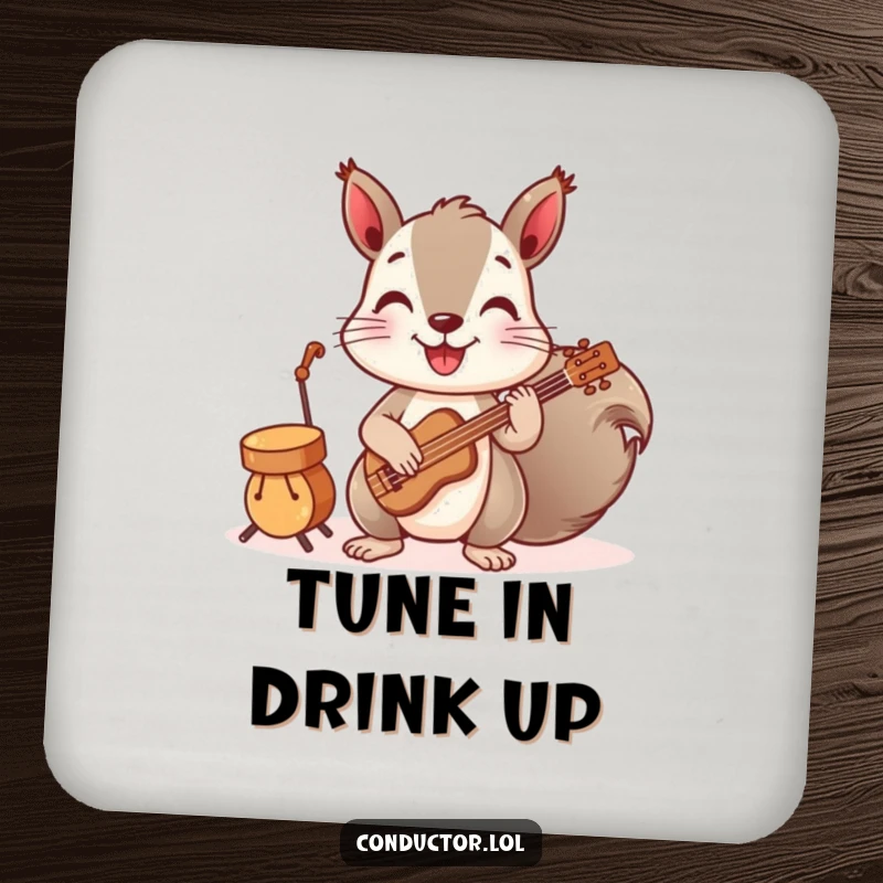 Funny drink coaster featuring a playful squirrel conducting a band of tiny instruments, adding musical charm and protecting surfaces.