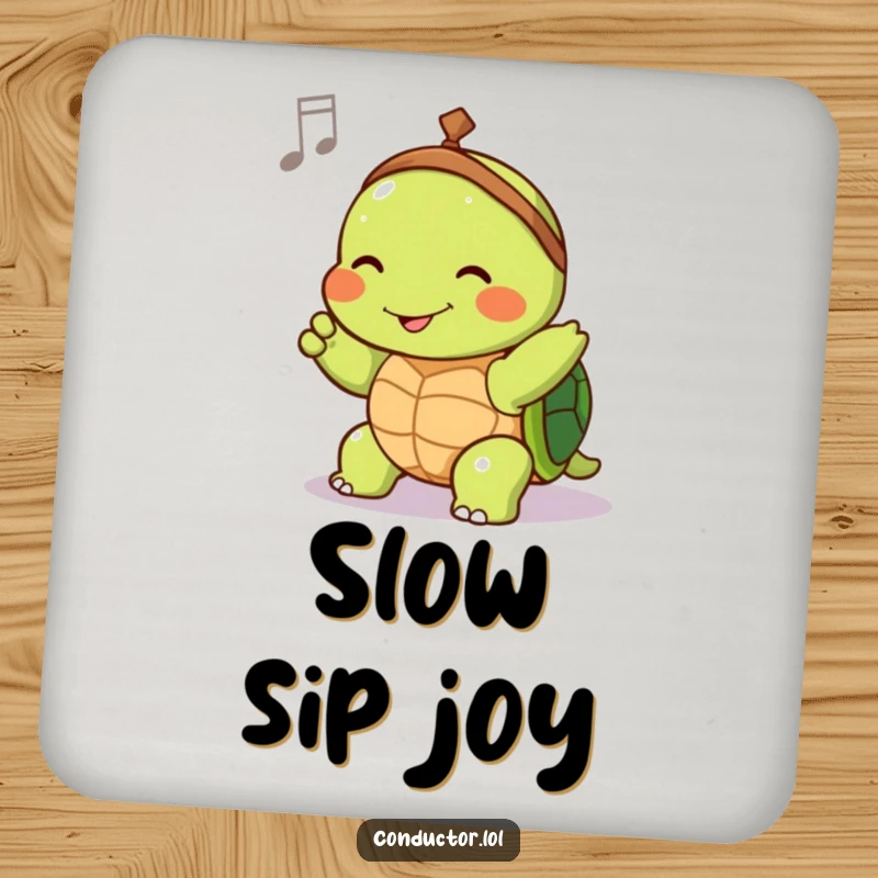 Funny coaster featuring a joyful turtle conductor slowly guiding tempo with a contented smile, a stylish protector of surfaces.