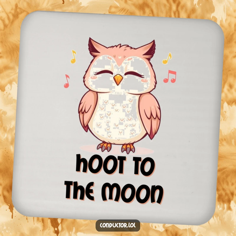 Funny drink coaster with a giggling owl swaying to music, bringing serene and whimsical humor to any table.