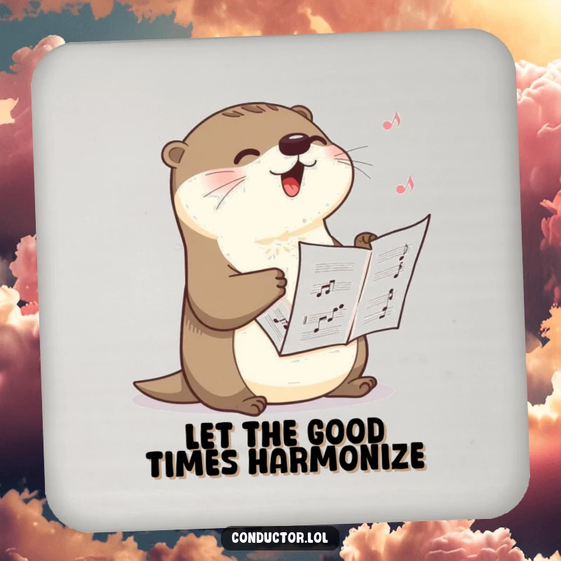 Funny coaster set featuring a happy otter singing a dramatic crescendo, holding sheet music, providing humorous protection with musical flair, an excellent funny gift.