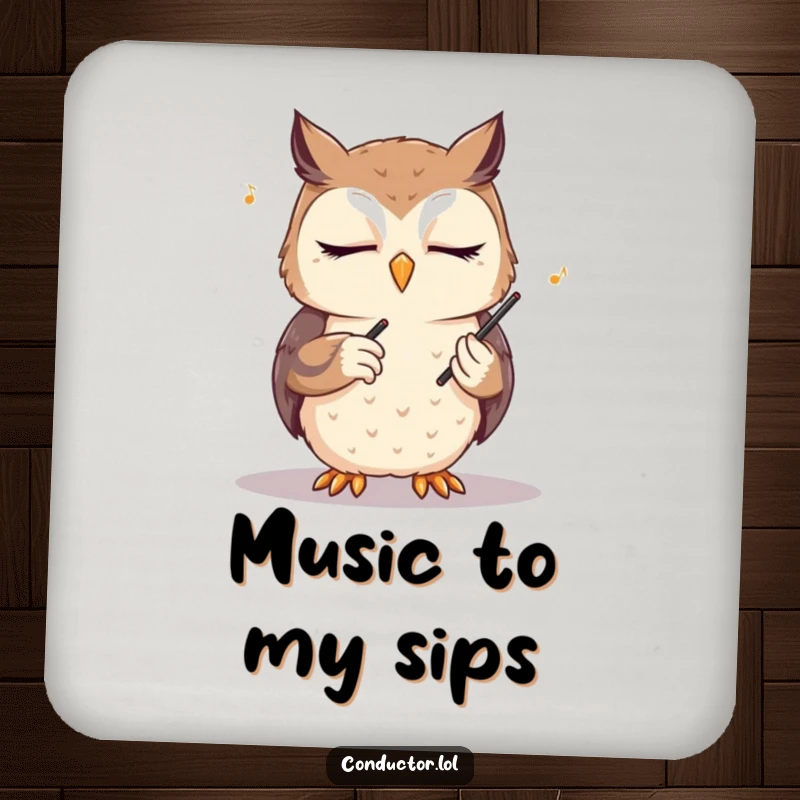 Funny owl conductor coaster set, eyes closed, conducting an unseen orchestra, protecting furniture with wise musical charm and humorous design.