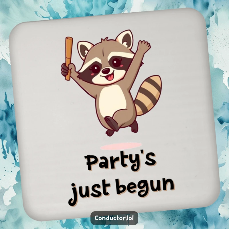 Funny raccoon conductor coaster set, enthusiastically leaping with a baton, protecting furniture with playful musical charm and humorous design.