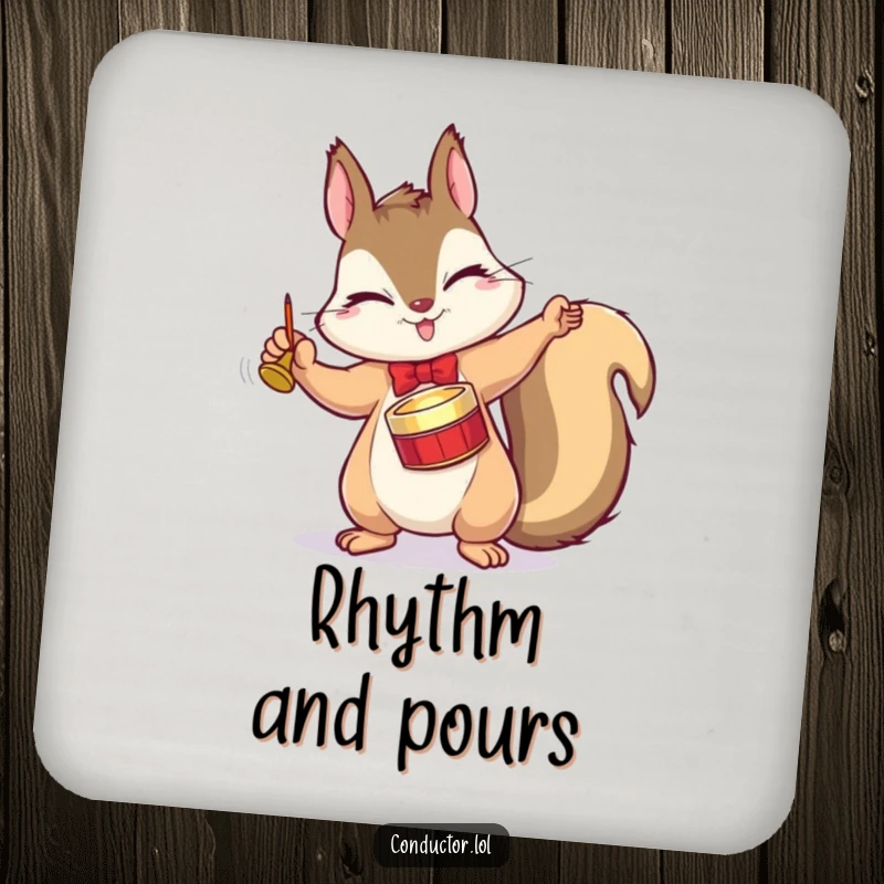Funny coaster featuring a winking squirrel conductor dramatically tapping a tiny cymbal with a flourish, a stylish surface protector.