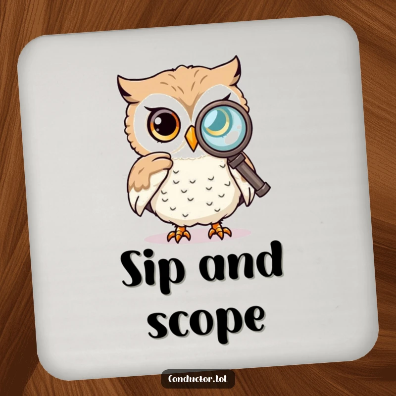 Funny coaster with a curious owl peering through a spyglass, adding a touch of wise observation humor.