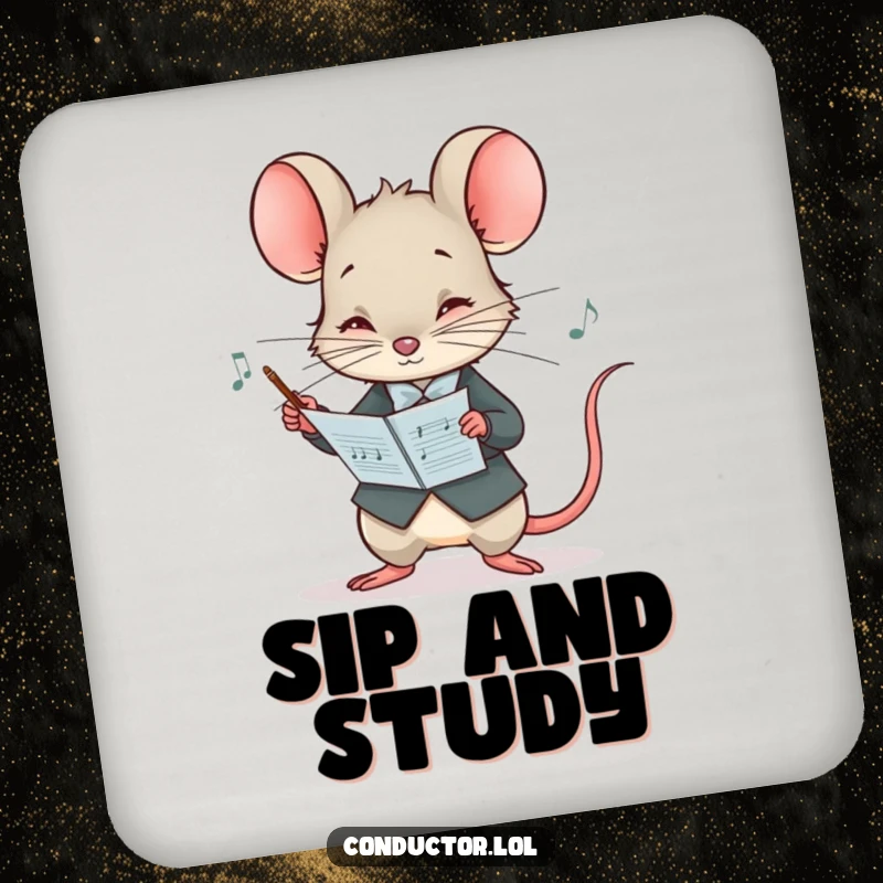 Funny coaster featuring a curious mouse conductor peering at a musical score with intense concentration, a stylish protector of surfaces.