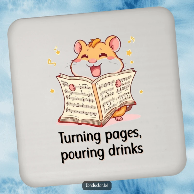 Funny Hamster Score Coaster: A giggling hamster furiously turns music score pages on this coaster.
