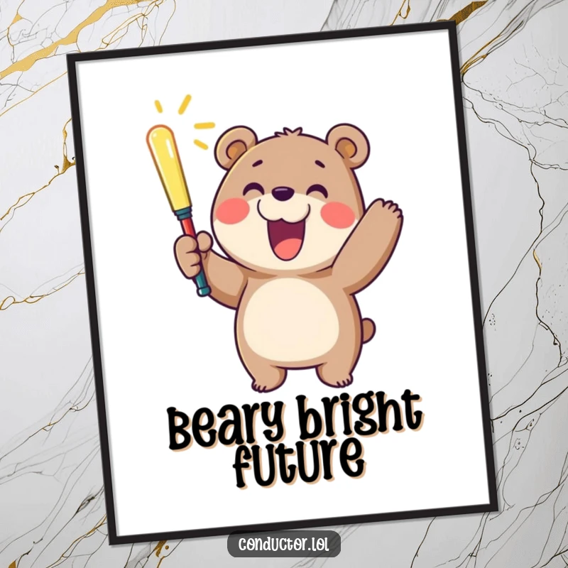 Funny poster art of a cheerful bear waving a glowing baton with a huge smile, radiating happiness and positive energy.