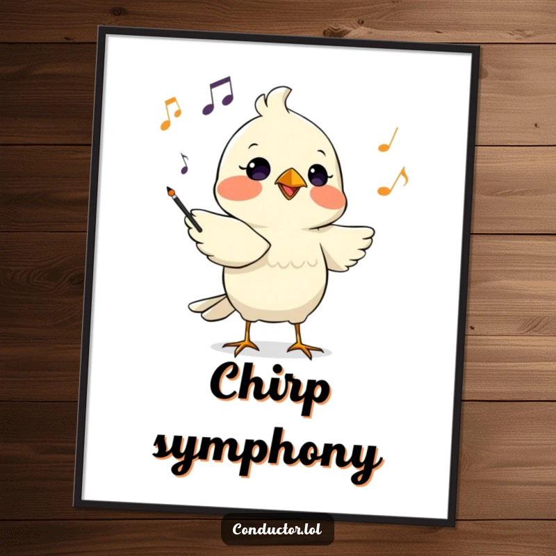 Funny poster featuring a determined bird conductor chirping musical cues with focused intensity, a vibrant piece of wall art.