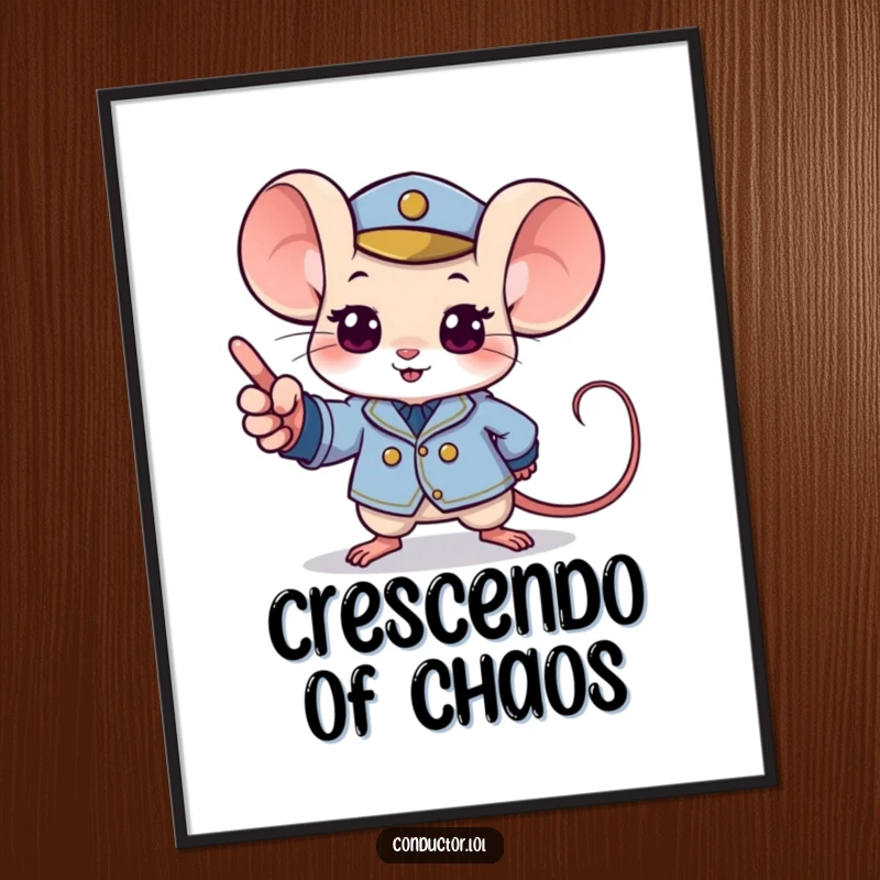 Funny mouse poster featuring a determined mouse wearing a tiny uniform, pointing with excitement to a musical crescendo.
