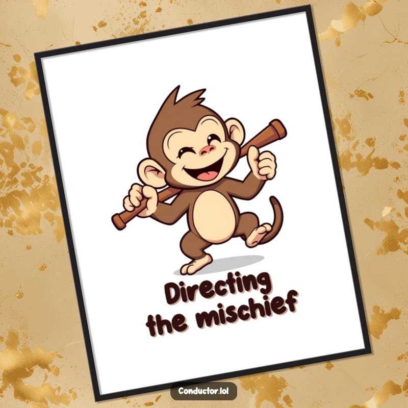 Funny monkey conductor poster, showing a happy monkey leading with a baton. A humorous wall art gift.